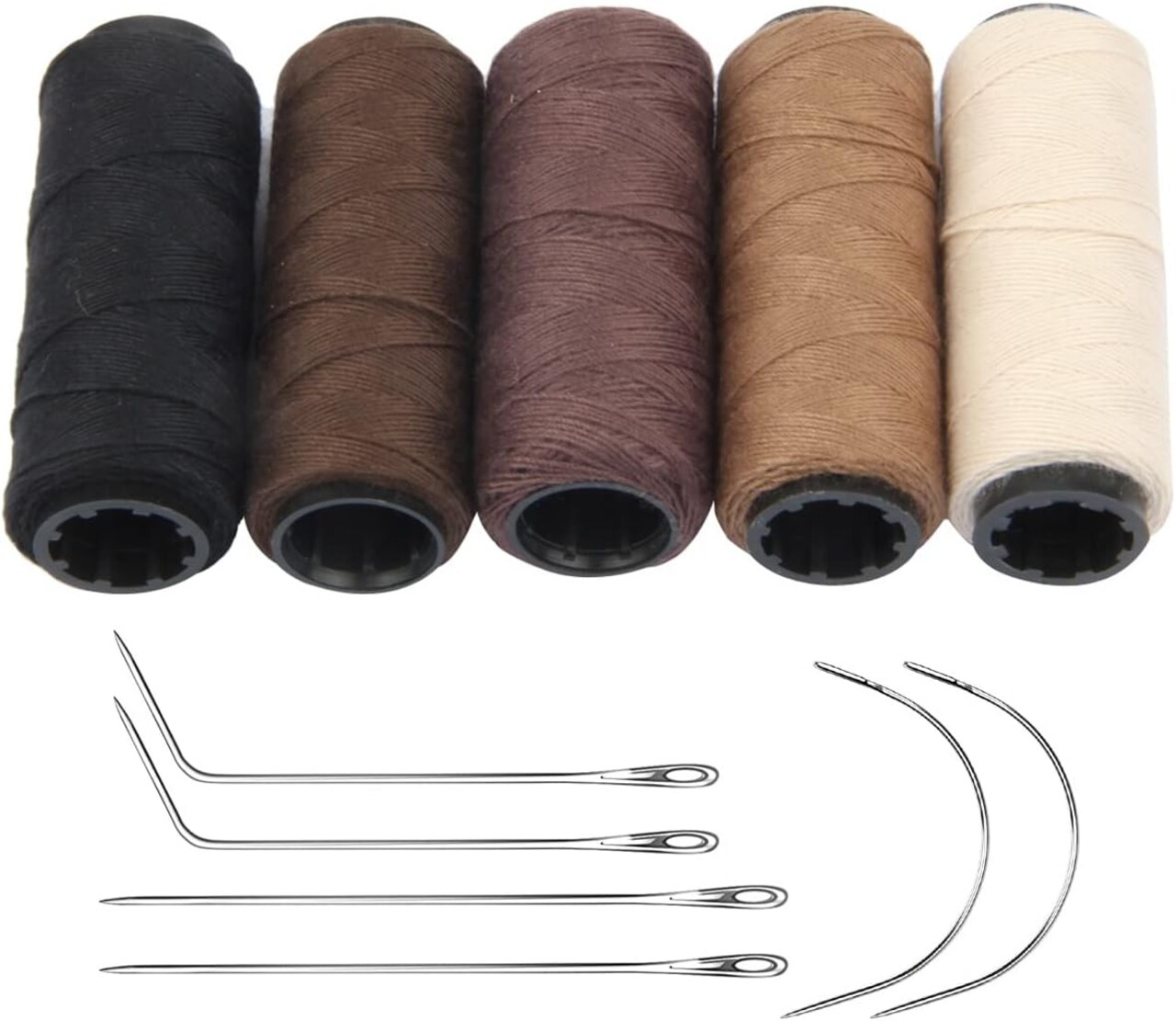 5 Rolls Sewing Threads and Needles Set, Hair Extensions Thread with 6 Pcs C/J/I Shaped Needles for Hand Sewing Wig Making Hair Weave Weft Craft DIY